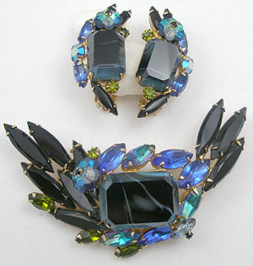Black Slag Glass Brooch Set Garden Party Collection Vintage Jewelry